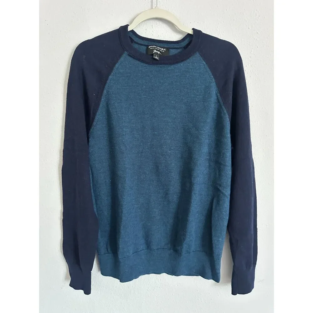 Banana Republic 100% Italian Merino Wool Sweater Mens L Blue Colorblock Crewneck